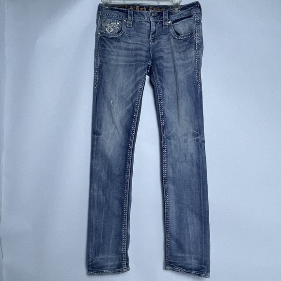 Rock Revival 27 Barbila Jeans Low Rise Skinny Blue Denim Distressed Embroidered - Picture 2 of 15